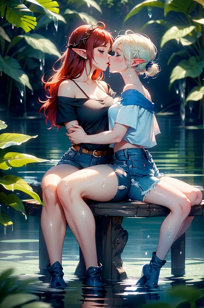 2girls, one is a female elf, short red hair, blue eyes, curvy body, full pouty lips, White off the shoulder tee shirt: 1.5, blue micro denim shorts, other one is a female elf, short blonde hair, blue eyes, slim body, full pouty lips, Black tee shirt, blue denim mini shorts, black heels ((Sitting in water, holding each other, kissing: 1.6))