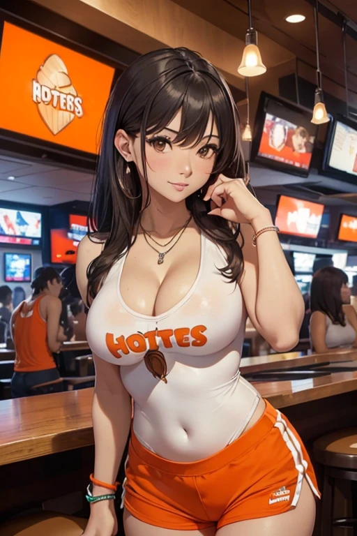 (masterpiece), best quality, expressive eyes, perfect face, front lighting, (inside sports bar restaurant background), (standing), (happy face), (cleavage view), (1girl, milf, Lucy Liu, asian, fair skin, black hair, medium length hair, straight bangs hairstyle, brown eyes, hourglass figure, thin body, skinny body, petite_body, medium breasts, wide hips, thick thighs), (hooters uniform, hooters, white tanktop, orange shorts, jewelry, necklace, bracelets, earrings),