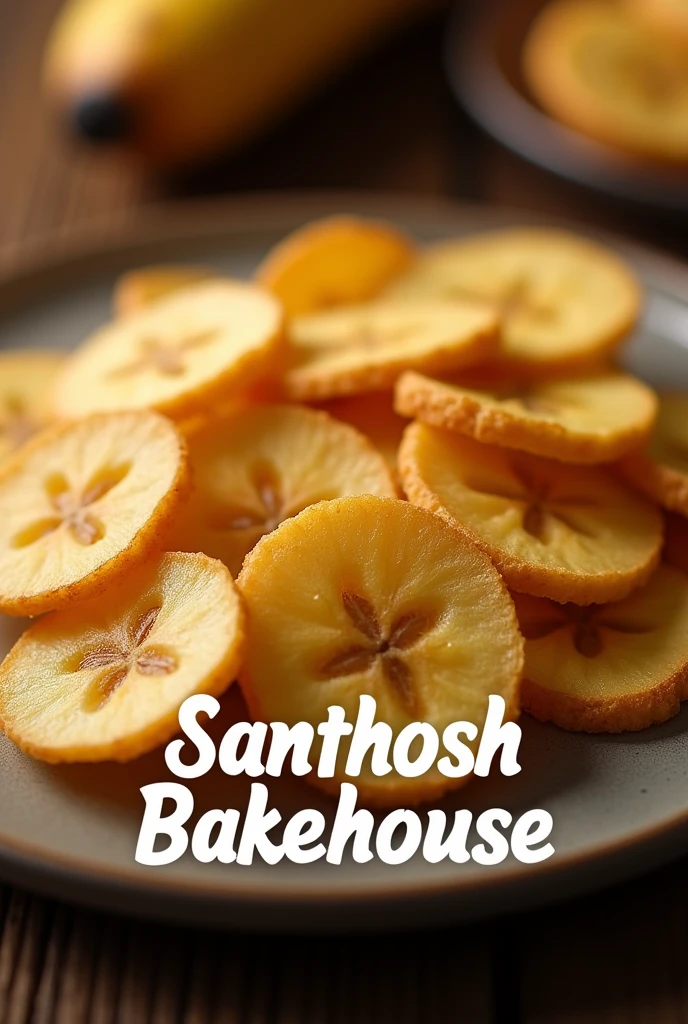 Banana chip hold in a plate . In the front of the plate we want to write Santhosh Bakehouse