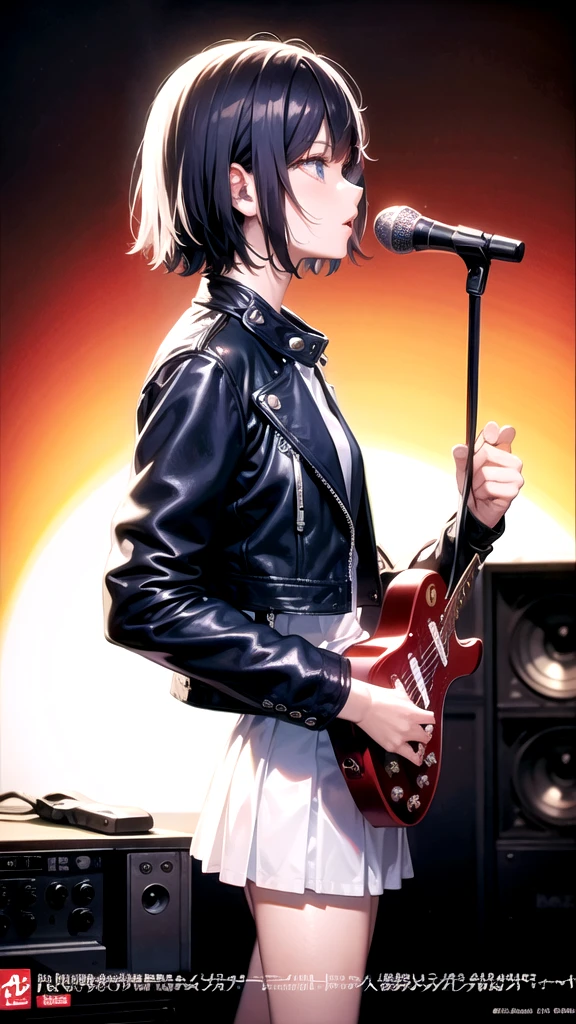 (Kate Mara (age 25), racy sequined outfit lots of skin showing, color coordinated guitar, doing a power ballad on guitar, show all of her