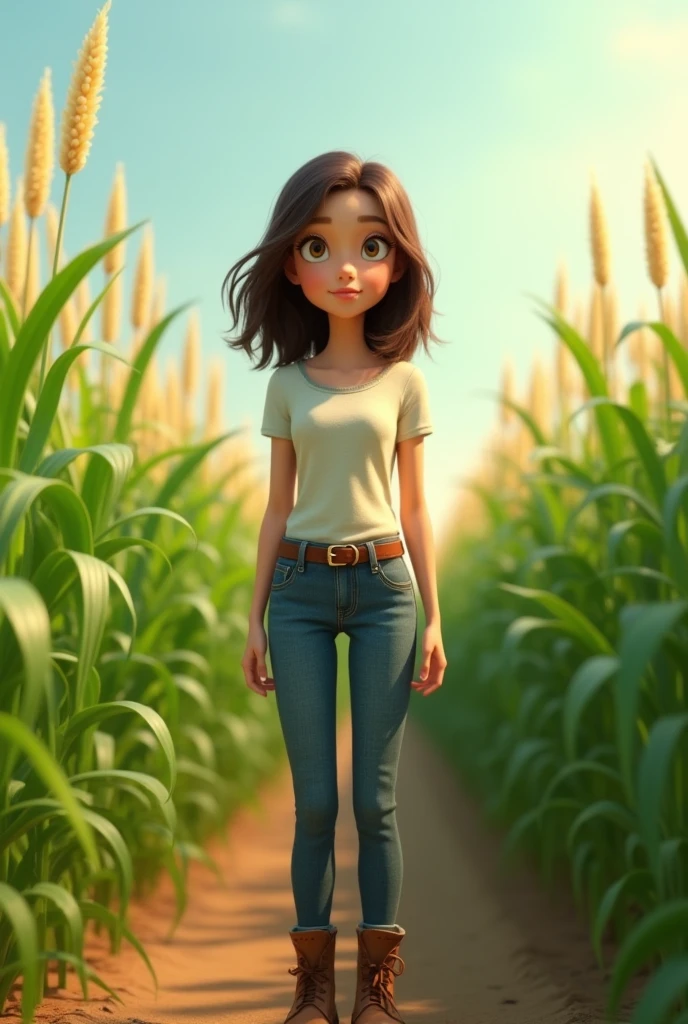 3d pixar style animation, 20 year old girl, thin, fair skin, medium length dark brown hair, wearing jeans with a buckle belt, wearing ankle boots, in the middle of a sorghum plantation