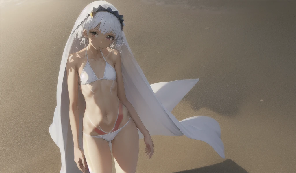 white short hair, dark skin, Flat-chested girl，slim figure，white veil，Bare waist，Tattoo，Bare arms，White swimsuit，thigh，Scimitar，Standing，Sunlight，beach