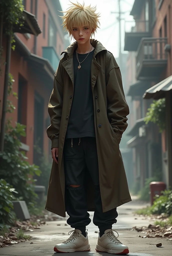 tall teenager,messy blonde hair, with piercings in the eyebrow and lower lip, black long sleeve t-shirt, black somewhat baggy pants, WHITE TENNIS, dark brown trench coat,