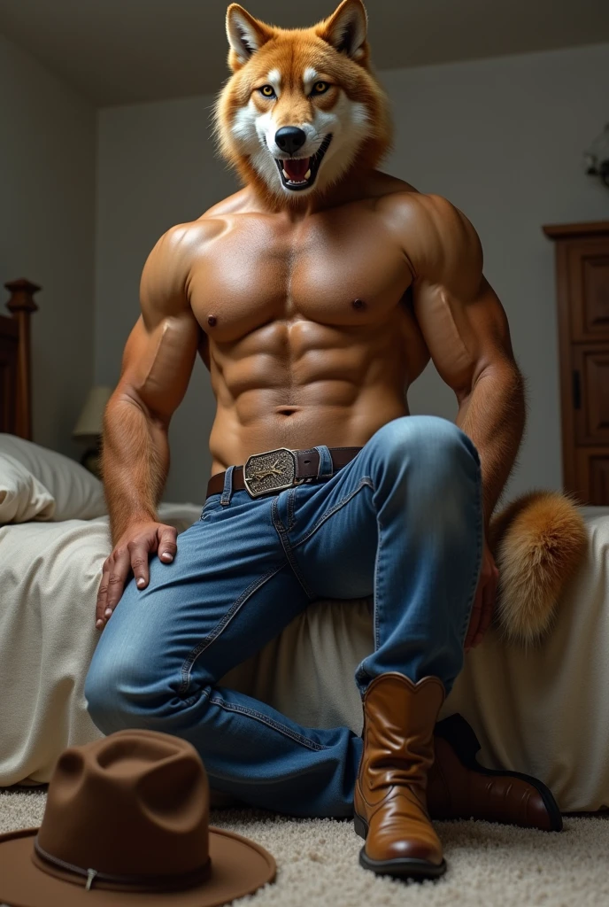 hi res, solo character, brown wolf, male, topless, frontal view, wearing a blue tight blue jeans, detailed bulge, penis outline, wearing a gold brown cowboy boots, at a bedroom, by chunie, cowboy hat sitting on the floor head reaching on the ceiling