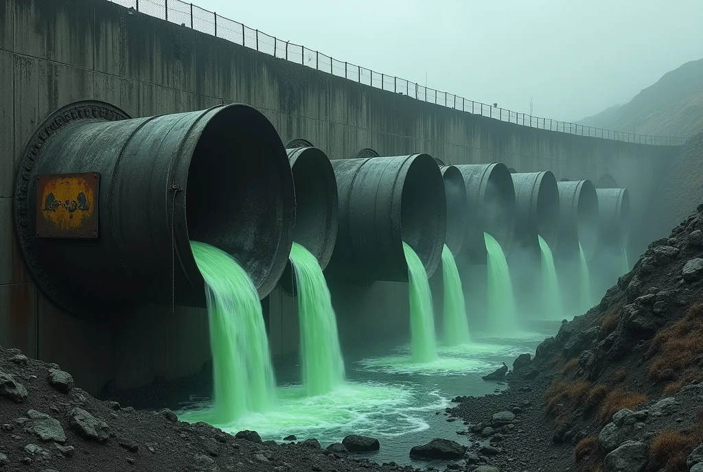 make a giant dark concrete wall 200 meters high and have ten round pipes with 15 meter diameter openings coming out of it, the pipes are too high on the top of the wall, the wall is over a 300 meter high canyon, the pipes are huge dark and abandoned, leaking radioactive fluorescent green water falling from a height of 150 meters, has a rusty plate with the radiation symbol, has a torn and damaged chain link fence, alien structure with cloudy and stormy sky, dark rocky soil, steam coming out of the pipes