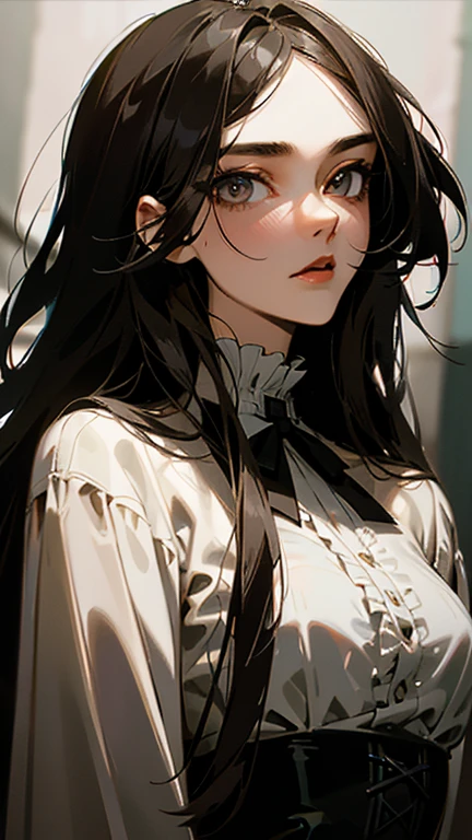 8k, masterpiece, highest quality, best quality, official art, beautiful and aesthetic, extremely detailed, (fractal art: 1.3), colorful, highest detailed, perfect face, upper body, HDR, sexy, wide hips, thicc figure, Detailed face, Detailed eyes, silver eyes, perfect face, perfect eyes, ( 1man, 1 vampire, slim waist, pretty face, handsome face, long brown hair, sharp jawline, he is sexy, he is beautiful, he has black eyeshadow, he has an androgynous, he is tanned, he is athletic, he is wearing victorian clothes, he has a black corset, slim torso, pretty, sharp jawline, victorian gothic clothes, Goth, goth vampire, goth clothes, victorian era setting.