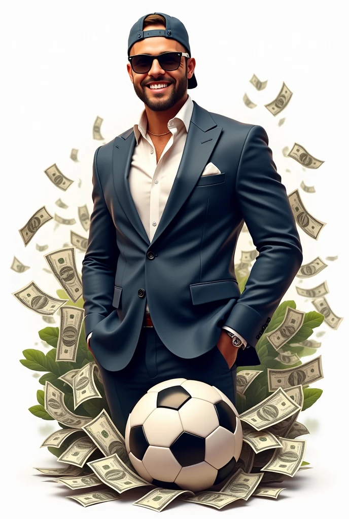 Logo of a man with sunglasses and a cap backwards with money around him that is white, dressed in an elegant suit and a soccer ball smiling showing his teeth, cheered up