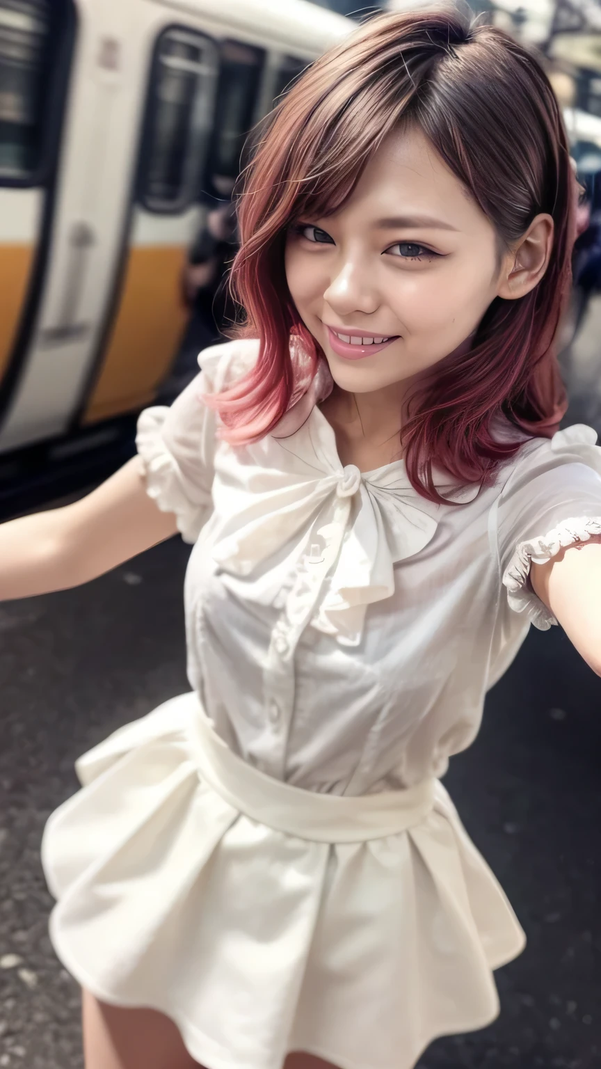 (A big smile、Squint your eyes and laugh)、(Realistic、Like a photograph、Live Action、8k, Realistic, RAW Photos, Best image quality: 1.4), Single-lens reflex camera、RAW Photos, Highest quality, Realistic, Highly detailed CG Unity 8k wallpaper, Written boundary depth, Cinematic Light, Lens flare, Ray Tracing, Realistic background、A landmine girl waiting for someone、((Wearing a white blouse:1.4)、((wear a frilly skirt:1.1)、Small breasts))、((Ultra-Dense Skin))、 1 person、standing front of train station, Waiting for someone while looking at a smartphone、The whole body is visible:1.5、(Long hair with pink inner color:1.2、My hair is blowing in the wind)、stylish ambiance、The perfect outfit、(White skin)、Precise and beautiful legs:1.1、View from below、Highly detailed face、Anatomically correct body、Accurate fingering