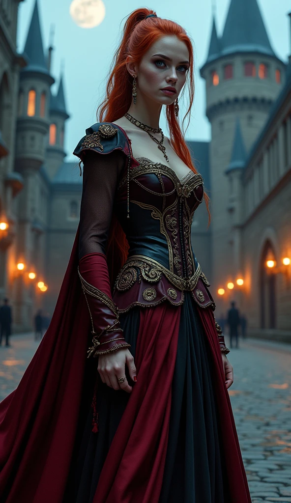 Create a hyper-realistic scene of a tall and beautiful magical woman standing confidently in a medieval, castle courtyard at dusk. She has striking, long red hair styled in a high ponytail, with loose, wavy strands cascading down her back. Her piercing blue eyes are accentuated by dark, dramatic eyeshadow, giving her a mysterious and enchanting appearance. Her complexion is pale, adding to her ethereal beauty.

The woman is adorned in an elegant and intricate corset-style dress with deep red and black colors, highlighted with golden embroidery. The dress has a flowing cape that drapes dramatically behind her, adding to her regal and powerful presence. She wears ornate jewelry, including a choker necklace and dangling earrings, which complement her overall look.

The background features the towering spires and stone walls of a medieval castle, softly illuminated by the warm glow of torches and the light of a full moon in the sky. The atmosphere is filled with a sense of magic and mystery, as if she is preparing for a significant, mystical event. The overall mood is one of strength, beauty, and enchantment, capturing the essence of a powerful sorceress in a fantasy realm.
