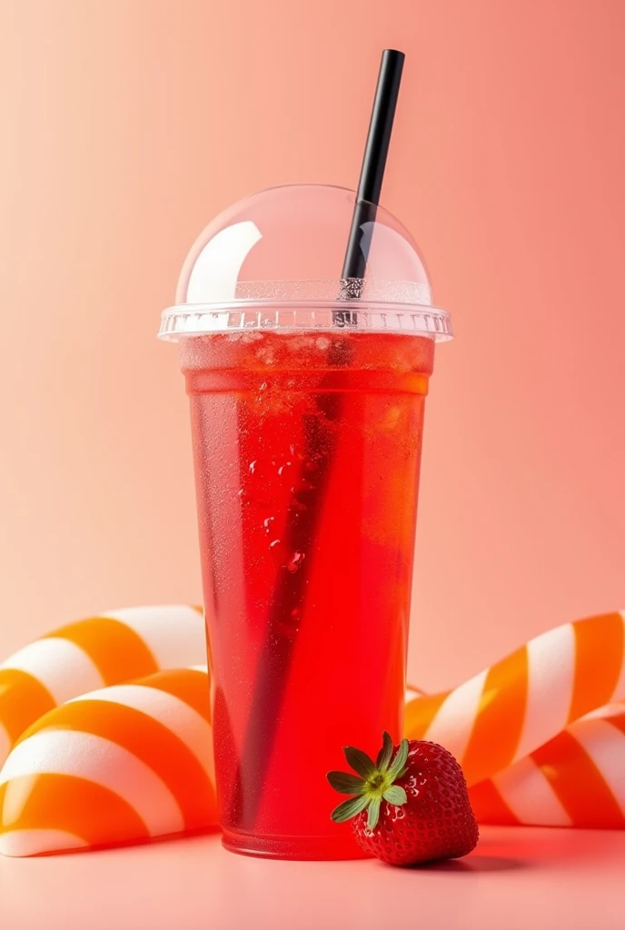 On a plastic cup that covers on a flat cover with black straw make me a strawberry soda non mixing with a clear sparkling soda on half wa orange and white strips of jelly