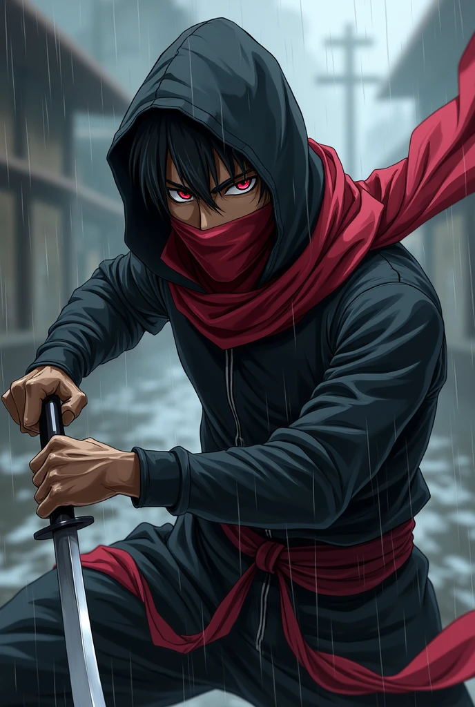 An anime character:
brown skinned man, Bblack hair, Eyes red, short beard.
ninja look with hood, black color with a long red scarf hiding her mouth and nose.
knife in his hand in attack position.
rainy weather.
