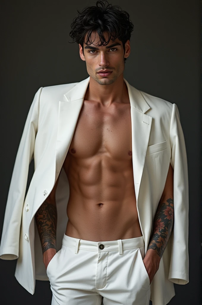 ((best quality)), ((masterpiece)), (detailed), naughty man, black eyes and white iris, shirtless white suit hanging on shoulders with tattoo on forearm