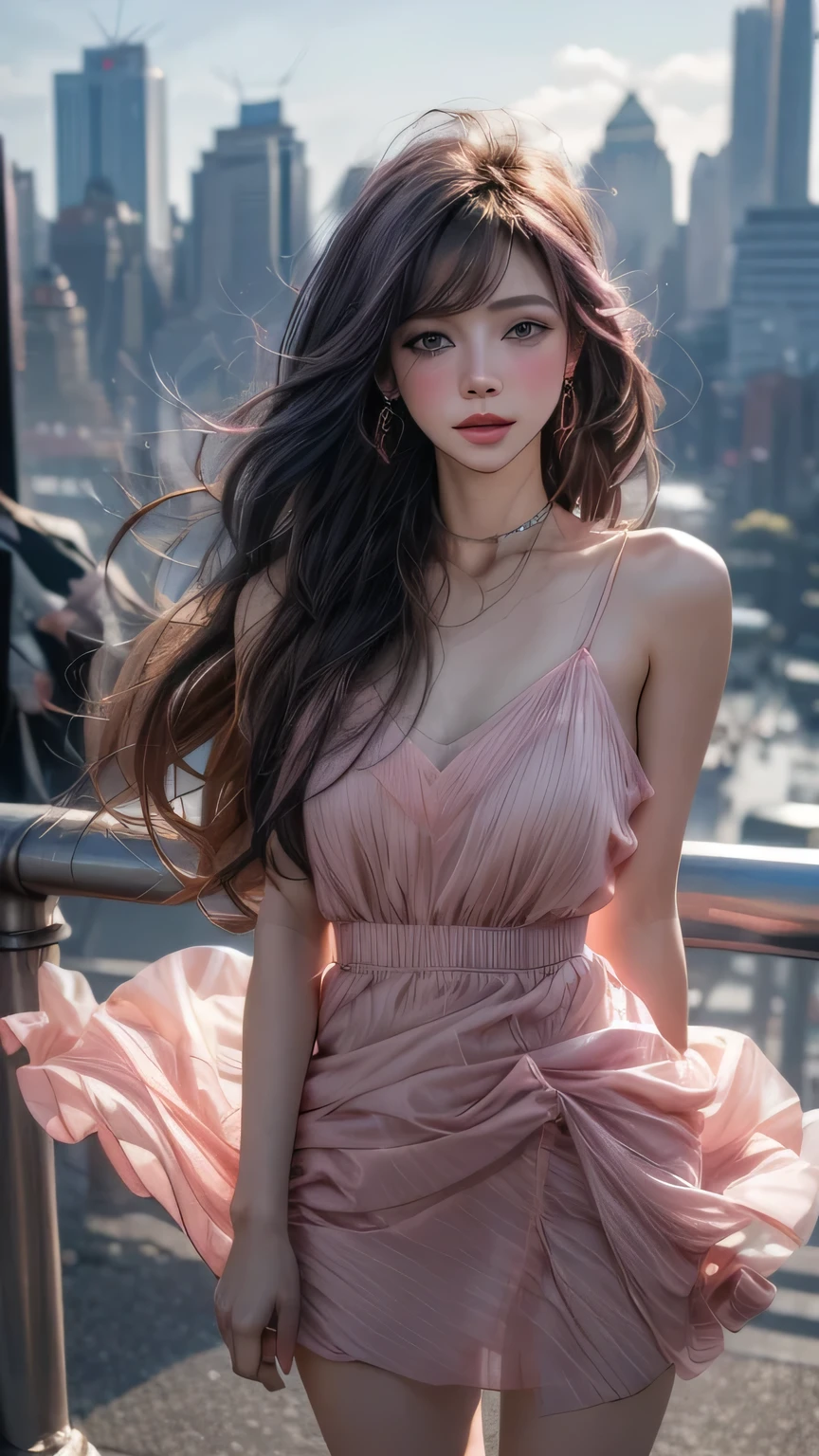 (New York Cityscape)、Highest quality、masterpiece、Ultra-high resolution、reality、Portrait、Elegant mature woman、blue eyes、Long Hair、Side bangs、(Translucent pink dress、mini skirt)、4K resolution、High-quality CG、Feminine pose、Fair、（The wind blows up my skirt）、(Pink panties are visible),