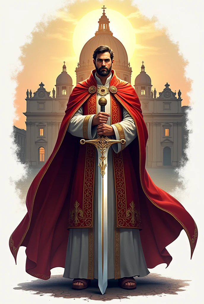 Give me a logo that is the Vatican with a person and a sword