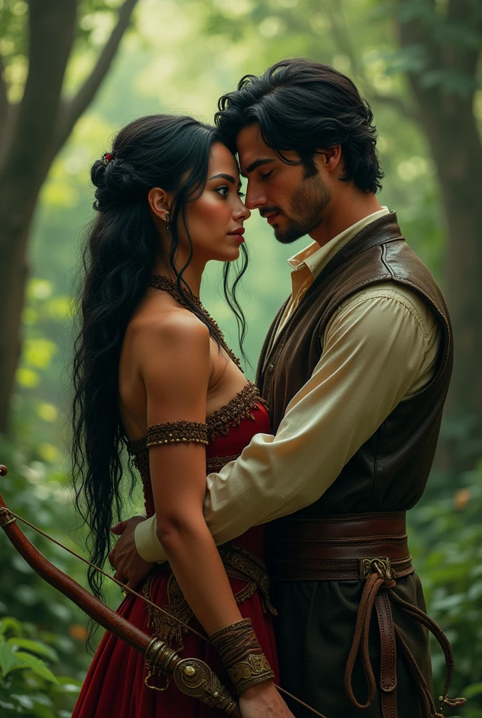 Extremely beautiful and strong woman, Apache of English descent, a perfect and defined face, black hair and green eyes, with cinnamon skin with a body with perfect curves, Dressed like a Robin Hood who highlights her curves and carries her bow and arrow and behind her is a perfect man, Handsome and manly prince of Monaco with sky-blue eyes and white skin with a nice smile and who looks at her in love and in the background Sherwood Forest in London, England with that mix of magic and the Victorian era