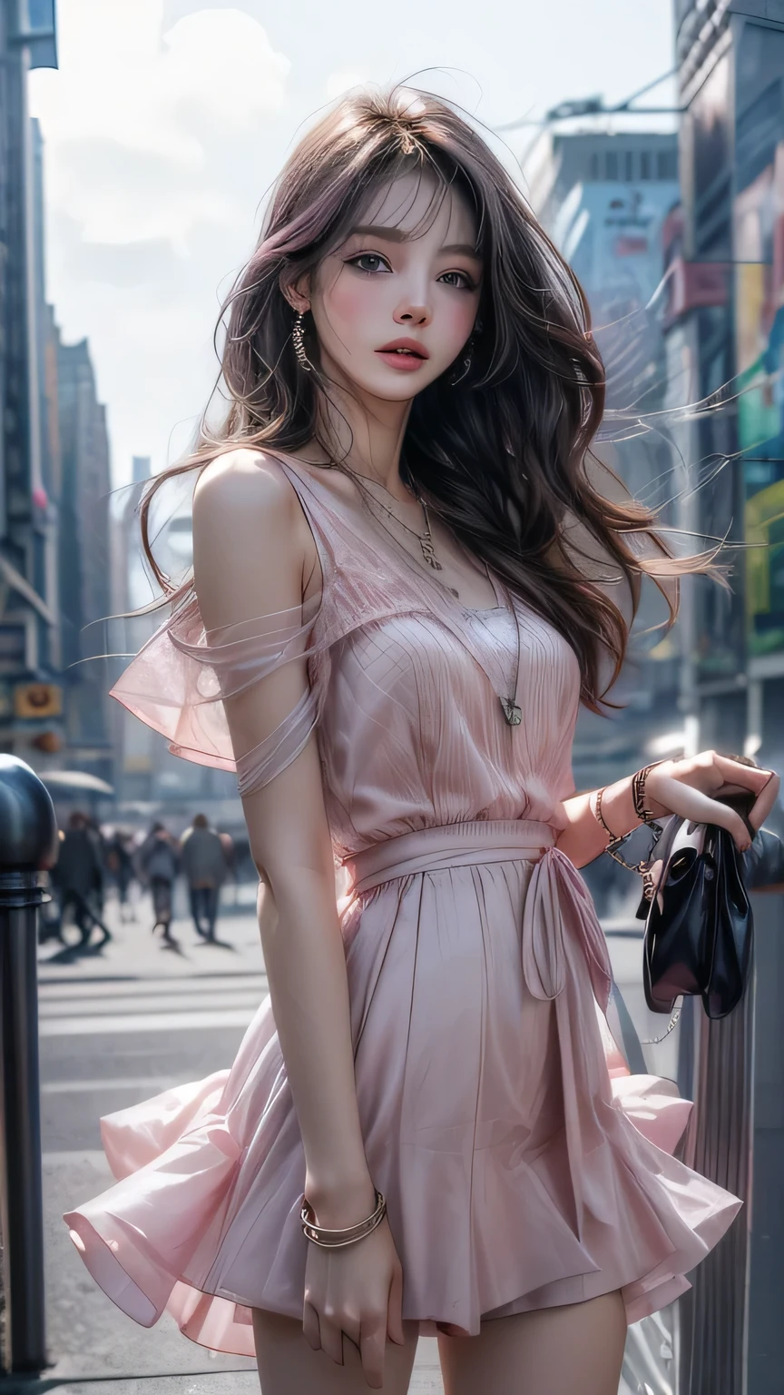(New York Cityscape)、Highest quality、masterpiece、Ultra-high resolution、reality、Portrait、Elegant mature woman、blue eyes、Long Hair、Side bangs、(Translucent pink dress、mini skirt)、4K resolution、High-quality CG、Feminine pose、Fair、(The wind blows up my skirt)、(Pink panties are visible),