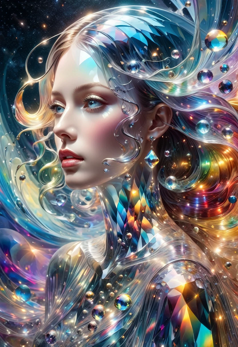 Color drawing of a beautiful young woman., Mysterious Waves at Night. 3d. Rainbow Colors. The beauty of the melting universe. Surrealism in the reflections of nebula fragments. Glass texture，translucent，crystal，blisters