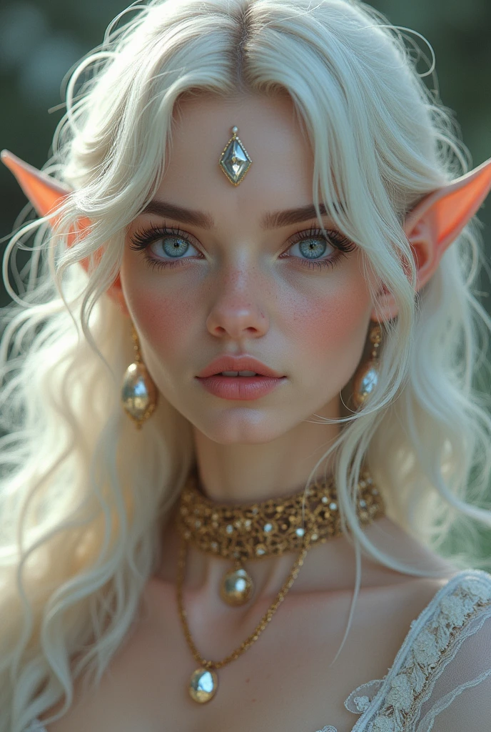 FEMALE with LILAC doe eyes, platinum blonde hair but long and slightly curly and elf ears with a tiny crystal diamond shaped SILVER gem on her forehead in the middle, pretty, sexy, fair skin very sensual and viex like. Plump lips, long lashes, beautiful. Angelic. Gorgeous. Small waist, Thigh gap, Wide hip, Bubble butt, Big perky breasts. Golden keys in her hand