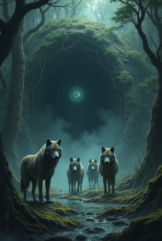 create an image of a cave in a swamp, guarded and protected by wolves where there is a portal to the spiritual world
