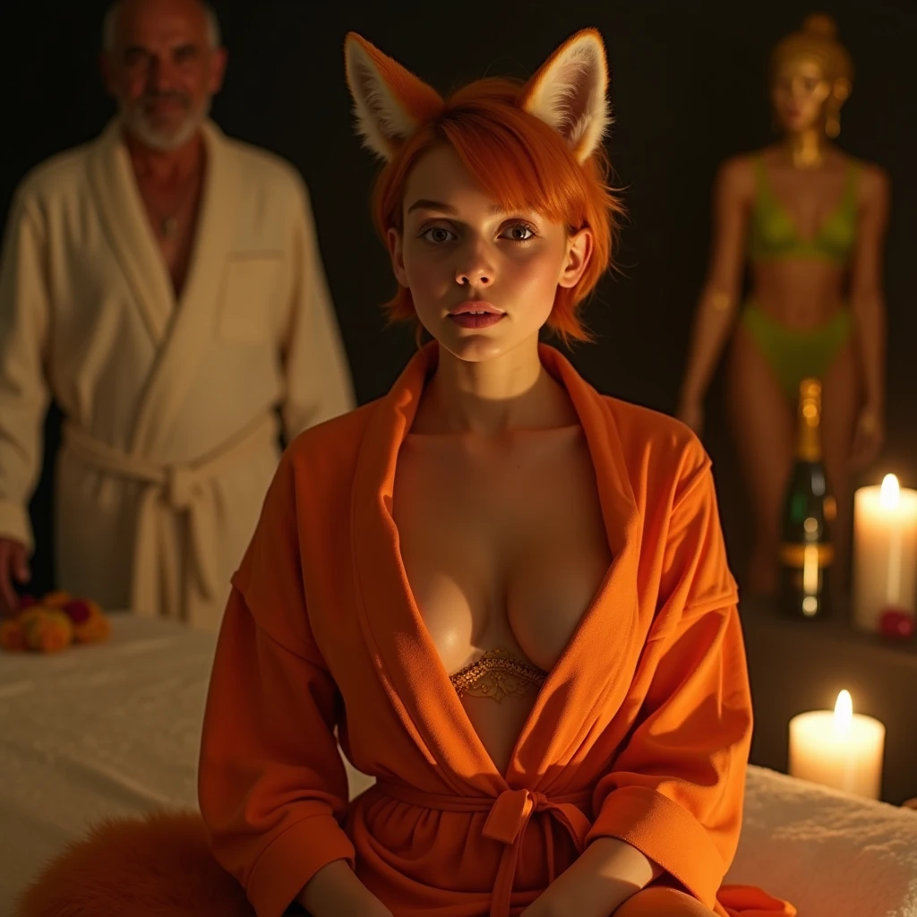 Mexican woman, 13 years, short orange hair, Brown eyes, in orange robe showing huge breasts, showing legs, fox ears, Fox tail, sitting on the massage table, in luxurious spa, with candles, with champagne bottles, In the background, a 55-year-old man in a white robe is talking to two women in blurred fluorescent green lingerie., dark background with warm light, In the background a golden tantric figure, open socket