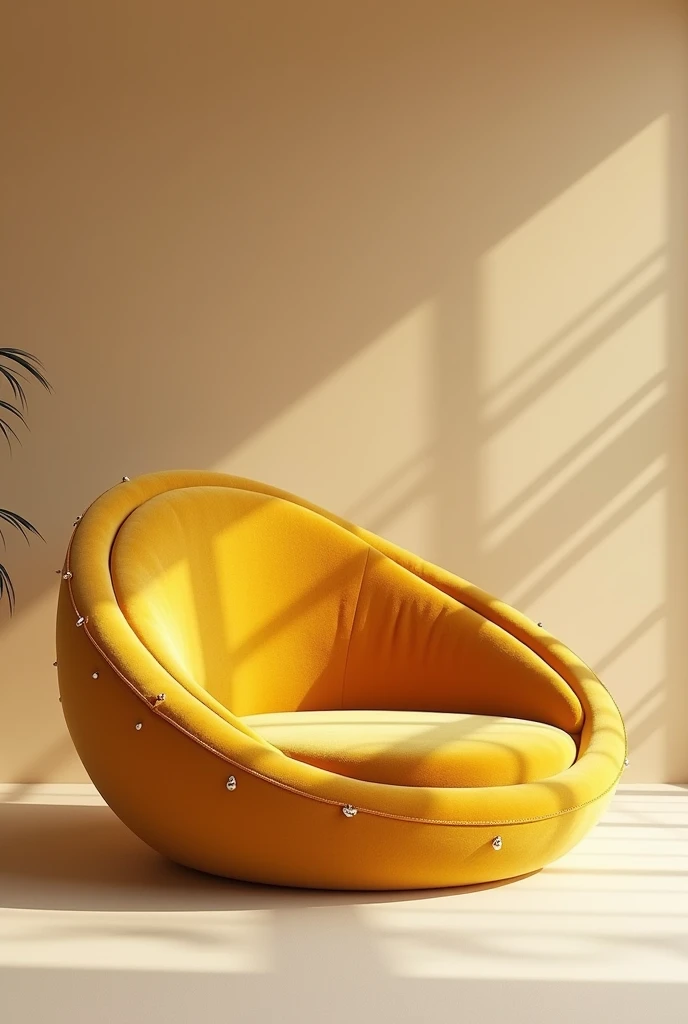 A cosmic bowl shape sofa for single person in straight fornt view golden color with some jewellery attached on it