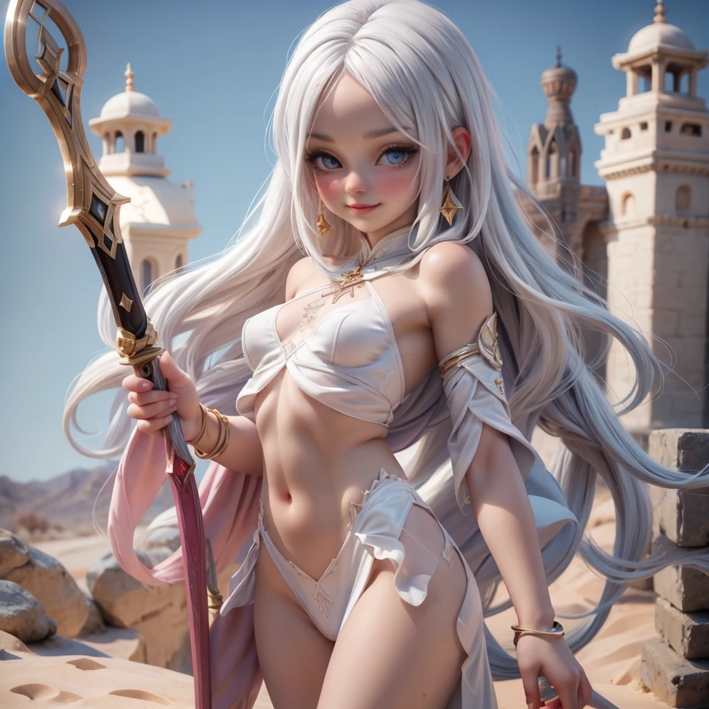 ariel, upper body portrait, white hair, beautiful, cute arabian transparent Langerie, warrior, midriff, fit, white hair, desert background, realistic fantasy ,concept art, sexy, excited, gorgeous face,fully body, breasts small, smooth skin, Medium pink mouth, Linda, naturals .Transparent silk on clothes, 80% of the uncovered body,Cheeky smile.,Well-defined lips.