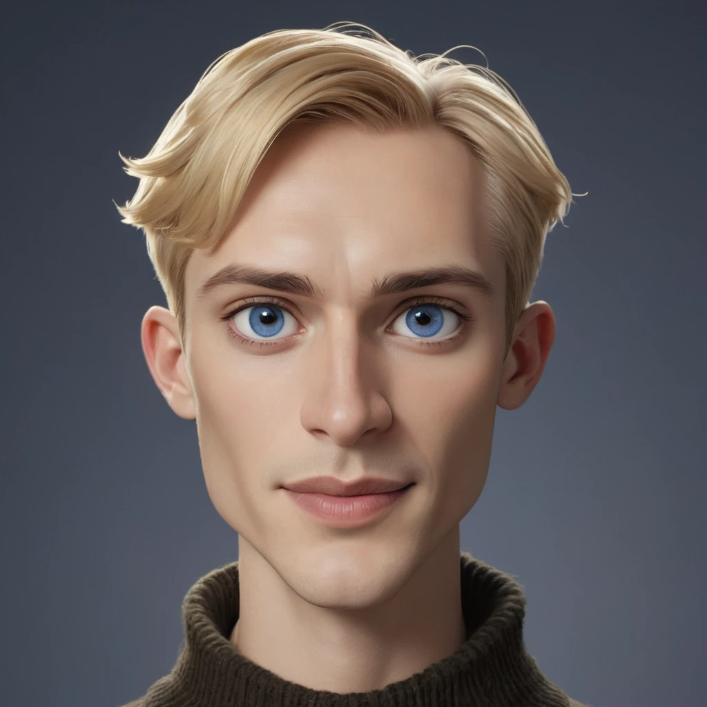 drawing of a European man, very beautiful, wide chin, wide cheekbones, Very short haircut, blonde blond hair, middle lips, high forehead, dark blue eyes close set, nose big expressive, Broad face, aged 30-40 years, looks with irony and a grin, in the artistic style of Mattias Adolfsson