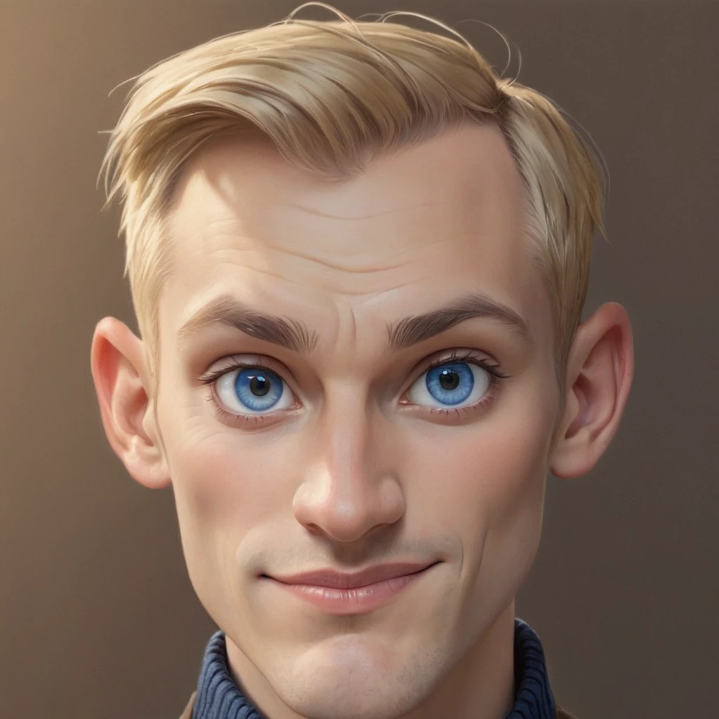 drawing of a European man, very beautiful, wide chin, wide cheekbones, Very short haircut, blonde blond hair, middle lips, high forehead, dark blue eyes close set, nose big expressive, Broad face, aged 30-40 years, looks with irony and a grin, in the artistic style of Mattias Adolfsson