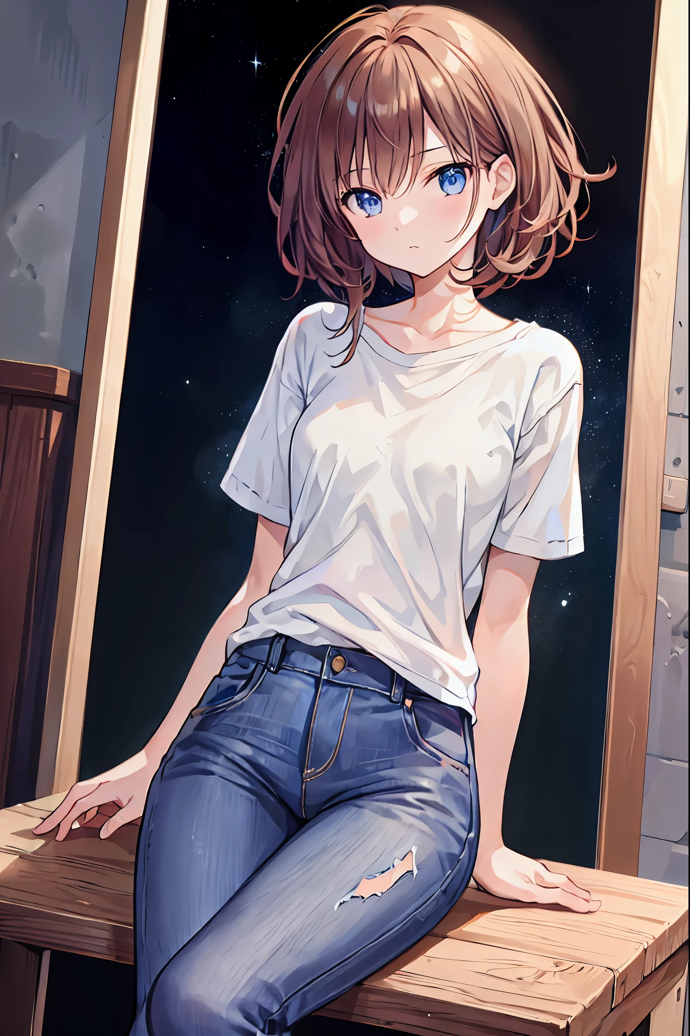 One Girl,alone,Highest quality, Tabletop, 8k,RAWphotograph, photograph (object), Very detailed, born,Realistic,Sitting, View your viewers,jeans,White T-shirt,Brown Hair,Shortcuts,Messy Hair,Slender beauty,A dignified posture,Small chest,Beautiful feet,Her captivating grey-blue eyes shine like stars