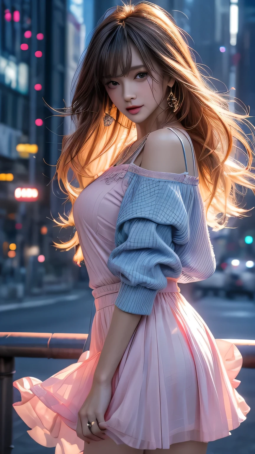 (New York Cityscape)、Highest quality、masterpiece、Ultra-high resolution、reality、Portrait、Elegant mature woman、blue eyes、Long Hair、Side bangs、(Translucent pink dress、mini skirt)、4K resolution、High-quality CG、Feminine pose、Fair、（The wind blows up my skirt）、