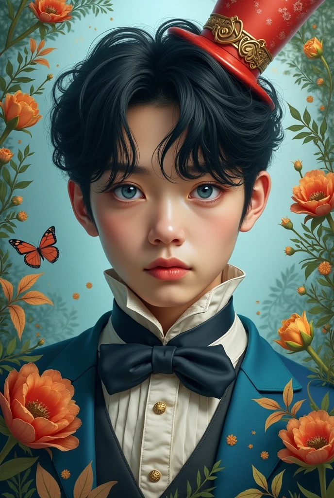 BTS's Jungkook with black hair, blue eyes wearing Alice in Wonderland-like attire