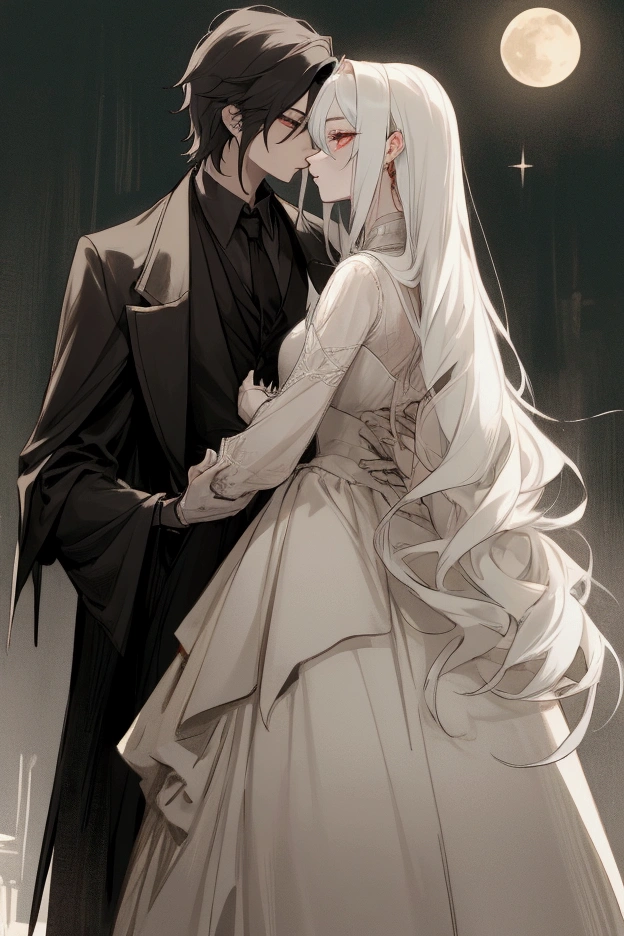 A nighttime couple where a vampire and a human hunter are loving each other. the vampire with an elegant and beautiful outfit, the human hunter with clothes similar to the style of the protagonists of the French film "Pact with wolves".