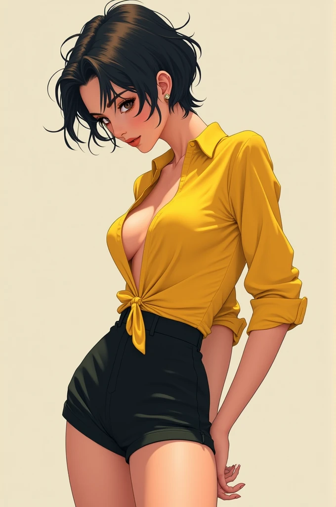 Generates an image of a girl with short hair and a yellow shirt with black shorts and bends down and looks very sexy from behind in her black shorts