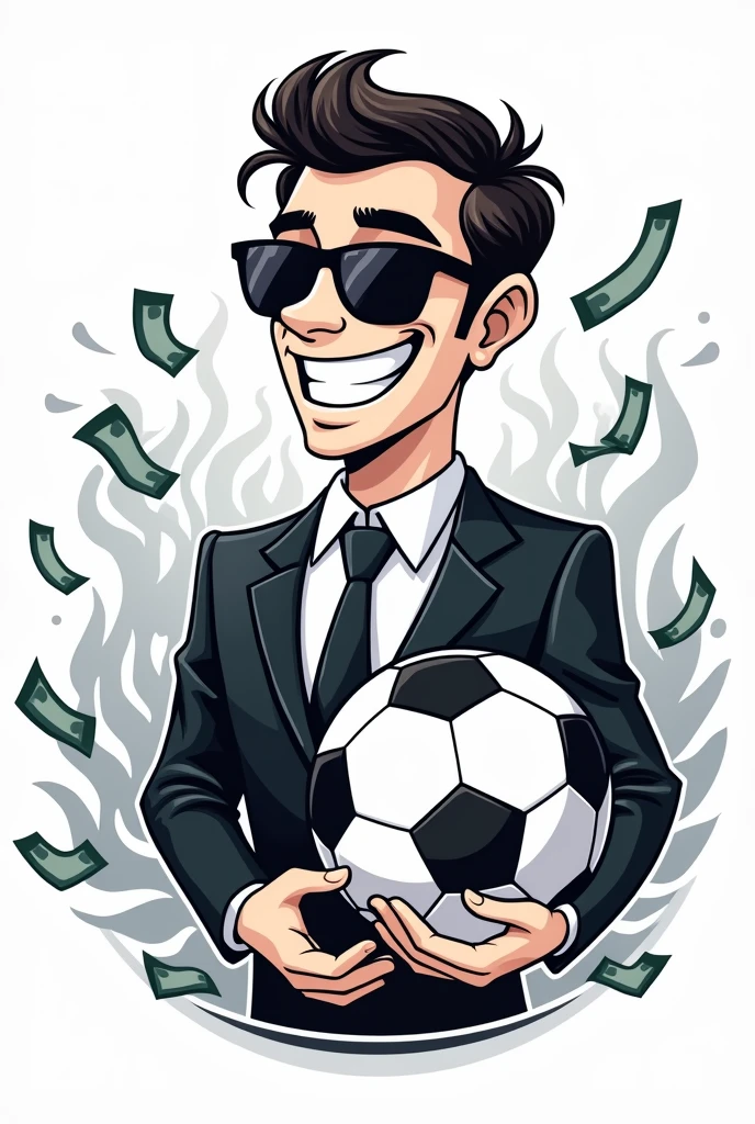 Logo of a man with sunglasses and a cap backwards with money around him that is white, dressed in an elegant suit and a soccer ball smiling showing his teeth, animated person like a children's drawing