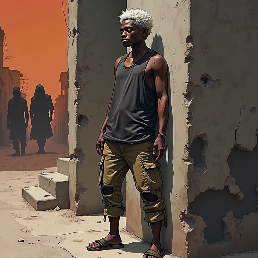 Kenshi art style, post-apocalyptic young adult human with dark pitch-black skin and short length silver hair wearing a dirty loose fitting black tank top and tan torn cargo pants. He is thin but not sickly. He has small grey scars across his arms and one on his face. His eyes are golden and dimly glowing as he stands with his back pressed against a decrepit wall of a house, hiding from two shadowed silhouettes on the other side who are conversing with one another, the colour scheme is tans browns reds and oranges