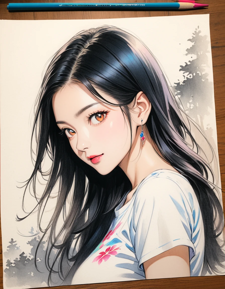 female,crop shirt,white,Art,colour pencil drawing,ink painting