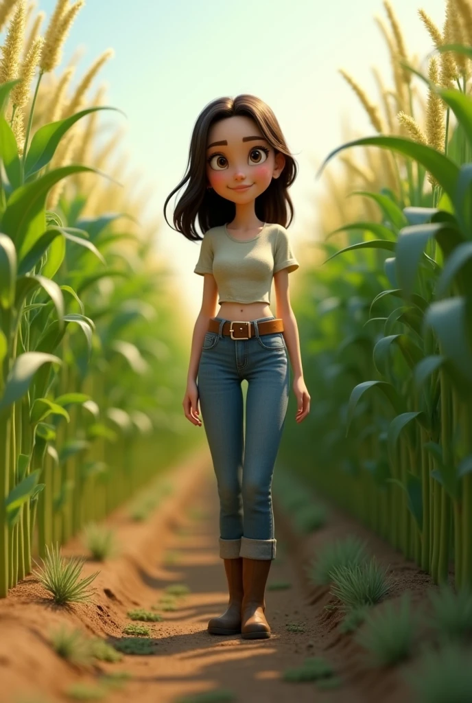 3d pixar style animation, 20 year old girl, agronomist, thin, fair skin, medium length dark brown hair, wearing jeans with a buckle belt, wearing ankle boots, in the middle of a sorghum plantation