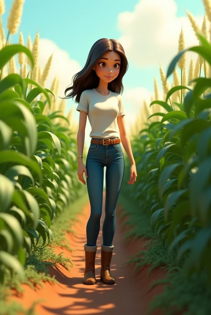 3d pixar style animation, 20 year old girl, agronomist, thin, fair skin, medium length dark brown hair, wearing jeans with a buckle belt, wearing ankle boots, in the middle of a sorghum plantation