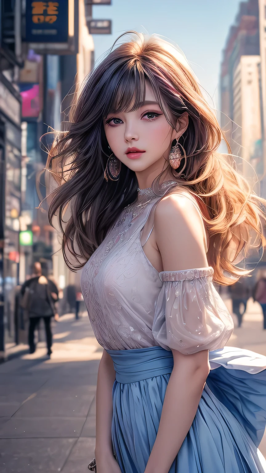 (New York Cityscape)、Highest quality、masterpiece、Ultra-high resolution、reality、Portrait、Elegant mature woman、blue eyes、Long Hair、Side bangs、(Translucent pink dress、mini skirt)、4K resolution、High-quality CG、Feminine pose、Fair、（The wind blows up my skirt）、