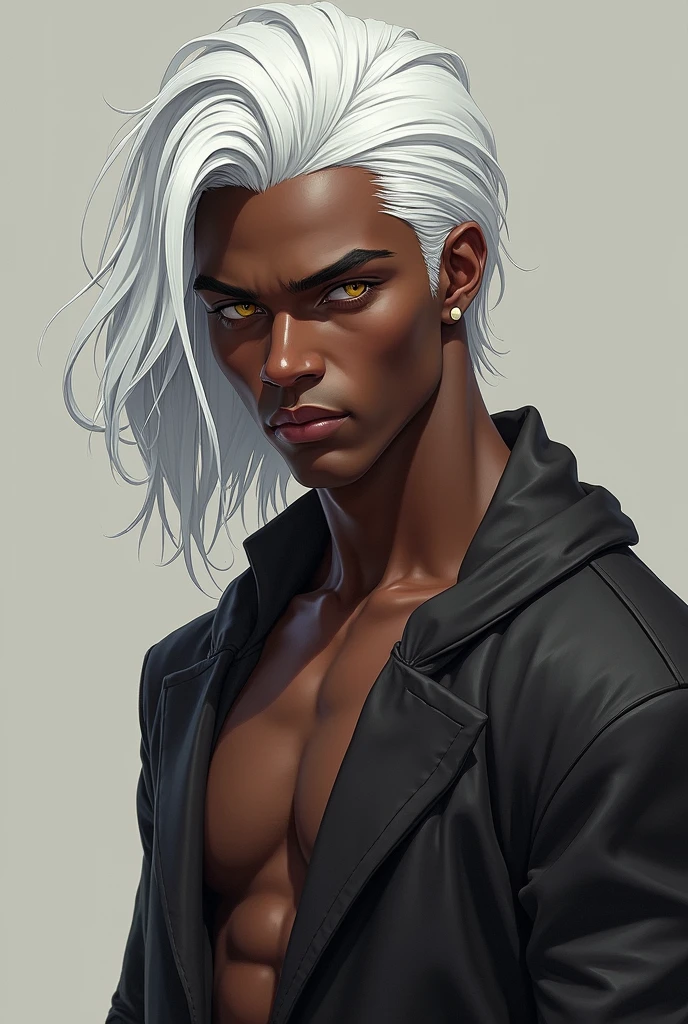 26 year old man with height of 192 cm, athletic body, black skin, Waist-length white hair, yellow eyes who likes to cook