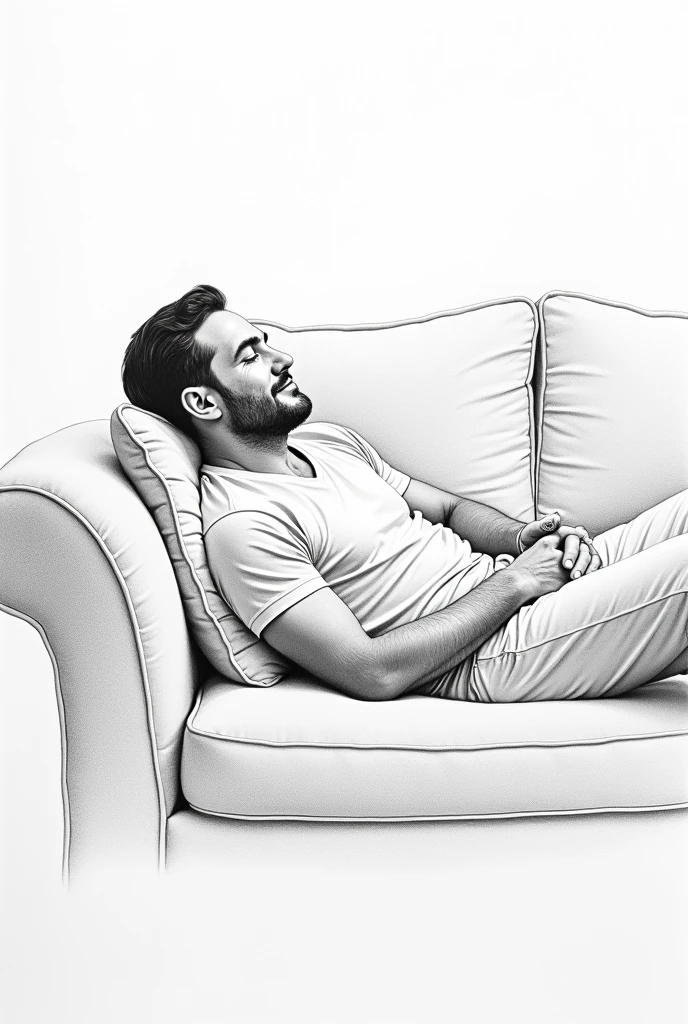 Realistic pencil drawing of a man lying on the sofa coasting