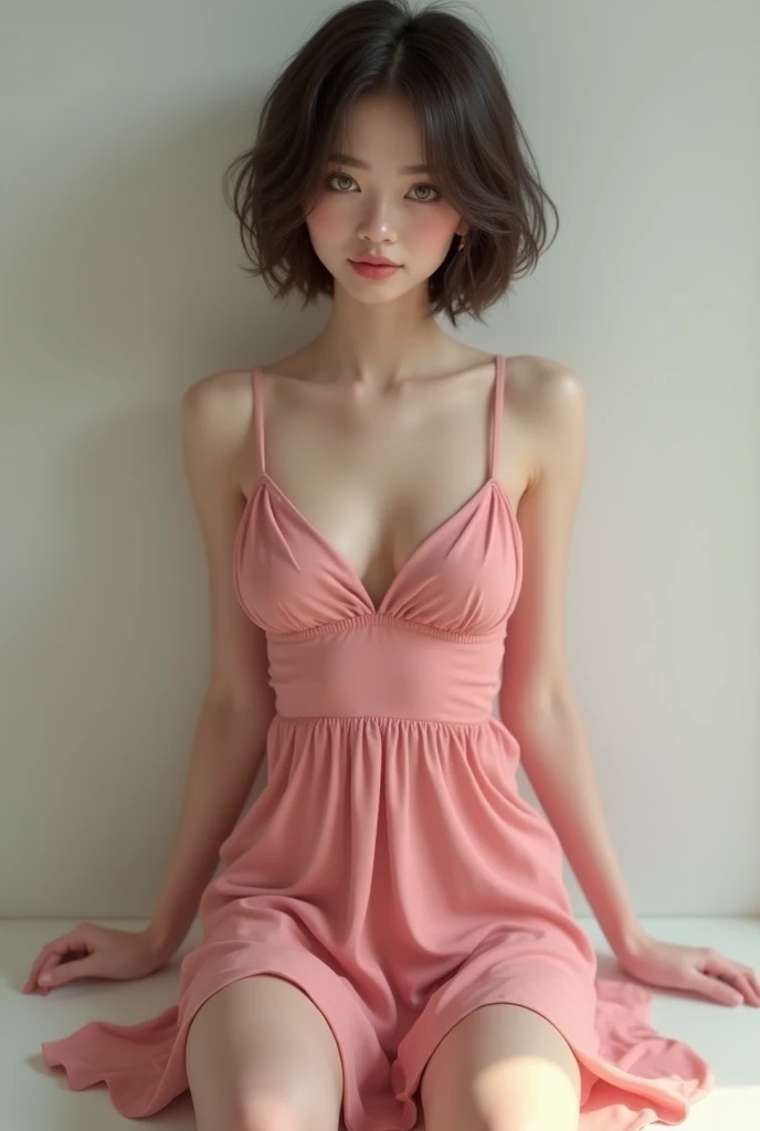 A French woman with short hair, Nos ombros. Green eyes and natural pink lips. Young but striking features, 18-years old. body skinny, but with light thighs and medium breasts, Waist slender. Wearing a knee-length pink dress.