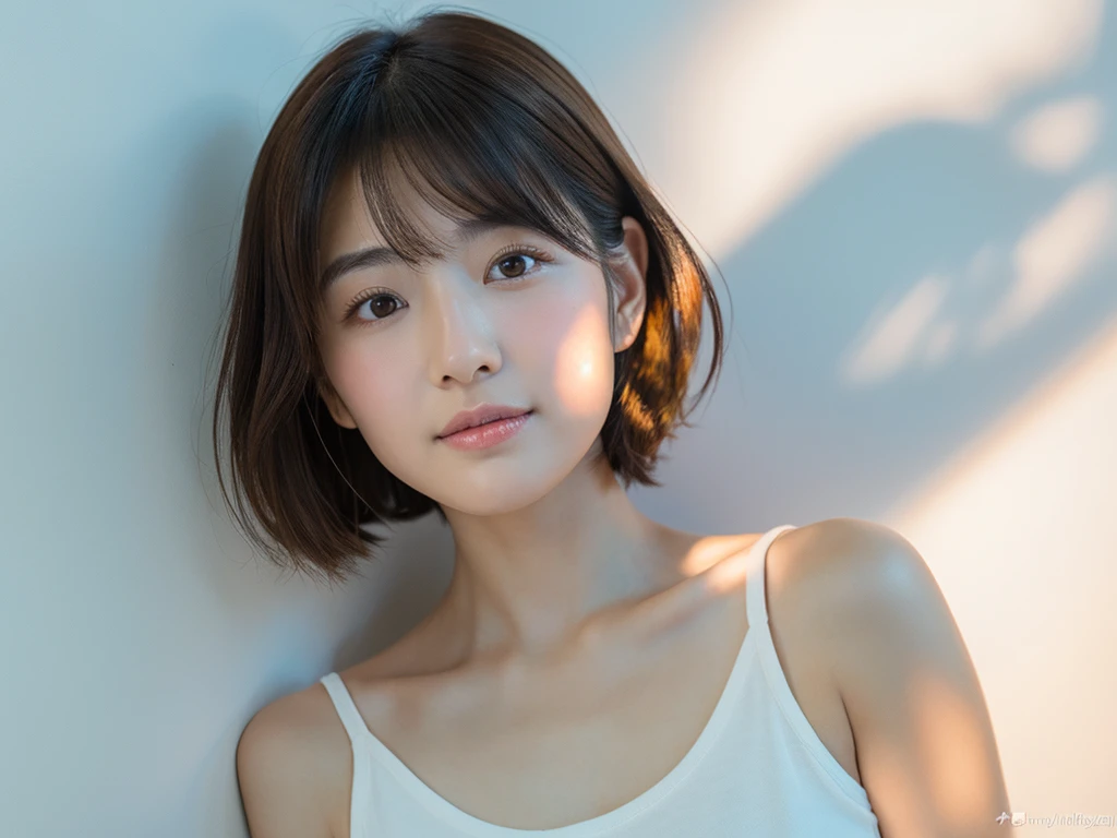 ultra high res, RAW photo, 1 Japanese cute women in her 20s photos, upper body, Take a photo from the front, Portrait, surface focus, (light blush), white T-shirt, bright natural light shines softly on the white wall background, photon mapping, Physically based rendering, fluffy bob hair, Handsome, girly, slightly baby face, for an ennui look, Rich details, Beautiful skin, skin care, Beauty Ads, Clear skin