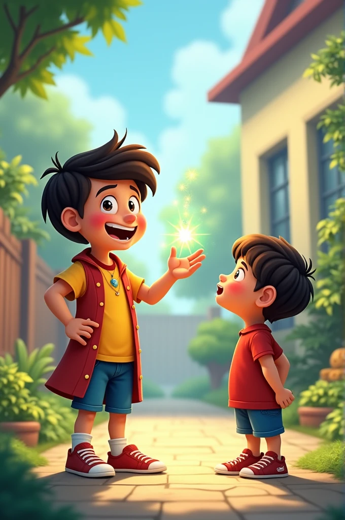 Chintu tells Bunty that he has learned magic.**
   - "The clever boy (Chintu) proudly tells his friend (Bunty) that he has learned magic, with Bunty looking surprised and intrigued."