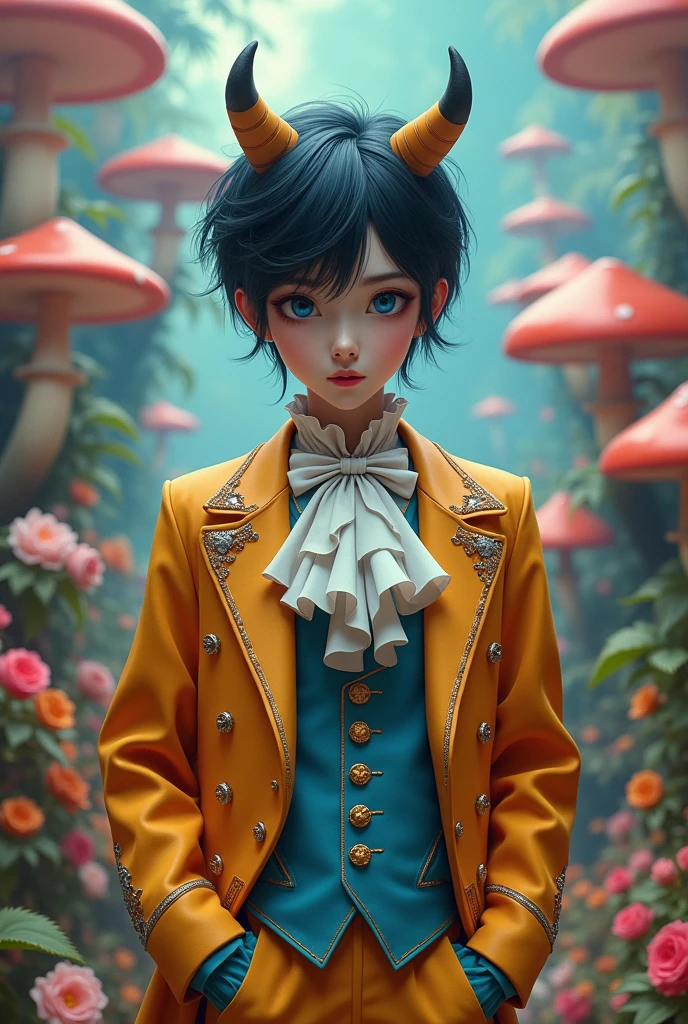  Jungkook with black hair, blue eyes wearing Alice in Wonderland-like attire