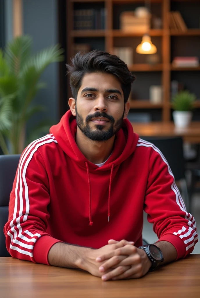 Only single man for one YouTube studio explain story photo 2 handsome Indian thin beard boy wearing red hoodie with white colour stripes on sleeves sitting in a comfartable chair at a large table . background beautiful YouTube Studio. 
