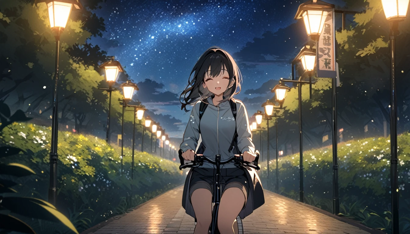 a beautiful young japanese woman with long black hair cycling through a park in tokyo at night, starry night sky, cityscape, listening to music