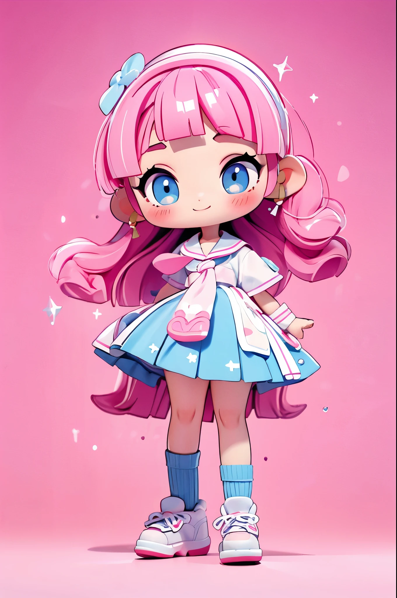 high resolution,smile,woman,woman1人,adult,Clear,cute,
((chibi))
blunt bangs,wavy hair,Pink Hair,BREAK,
Light blue eyes,BREAK,
high school girl,uniform,White shirt,Pink checkered pleated skirt,BREAK,
White loose socks,White sneakers,
ハートのヘアピンBREAK,
Facing forward,BREAK,Pink background,