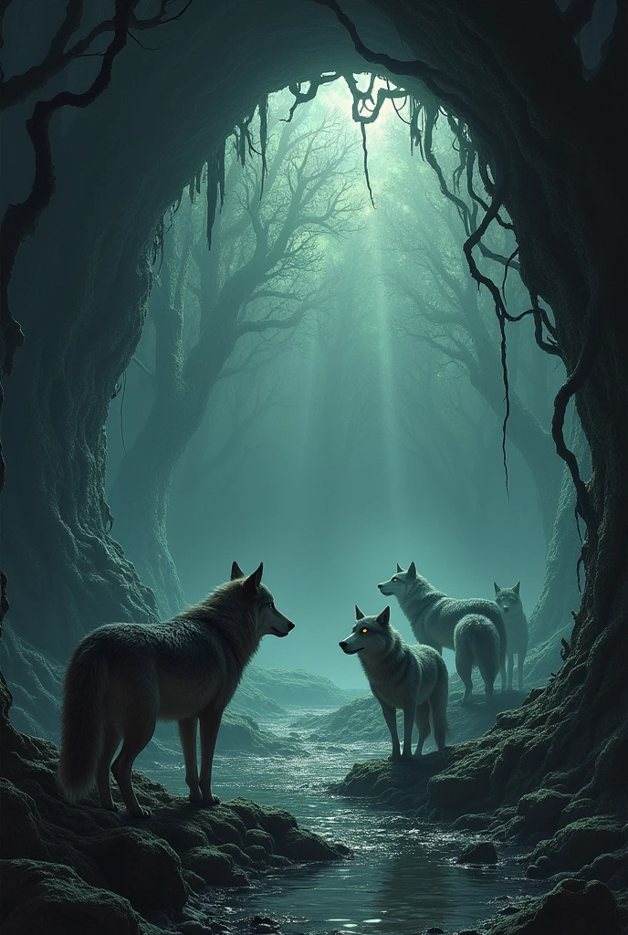 create an image of a cave in a swamp, guarded and protected by wolves where there is a portal to the spiritual world


