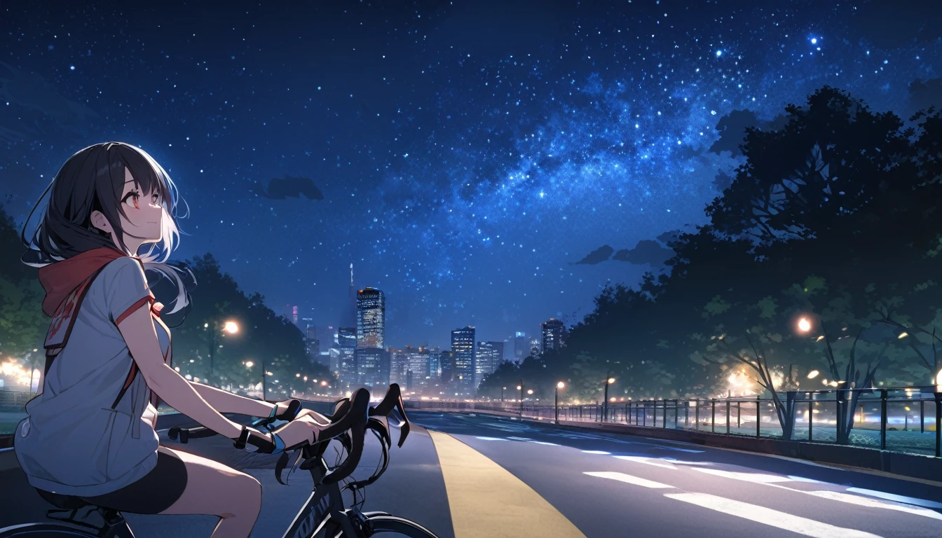 a beautiful young japanese woman with long black hair cycling through a park in tokyo at night, starry night sky, cityscape, listening to music
